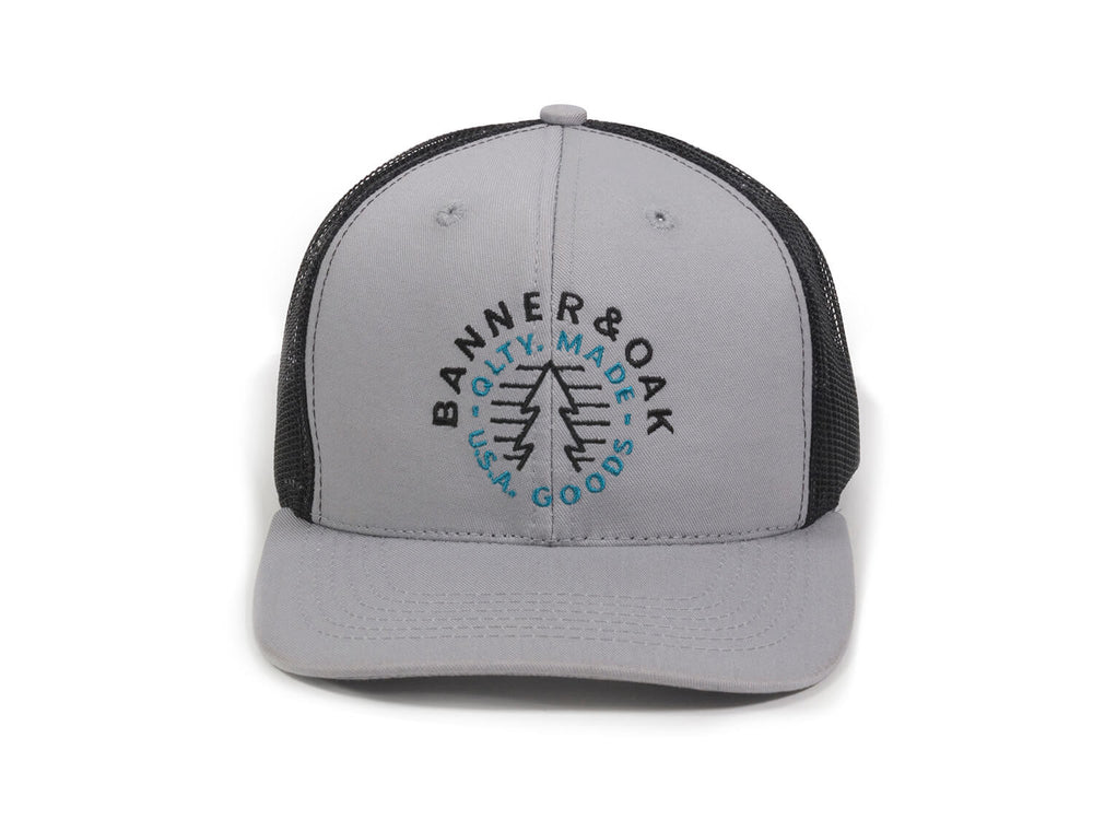 Evergreen Embroidered Snapback Trucker Hat Gray Front View