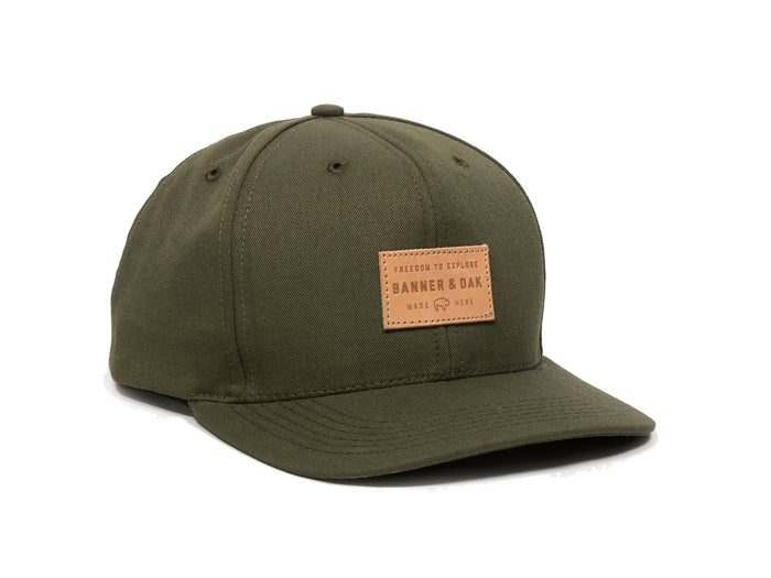 Pike Leather Patch Snapback Cap Olive Green Front Left View
