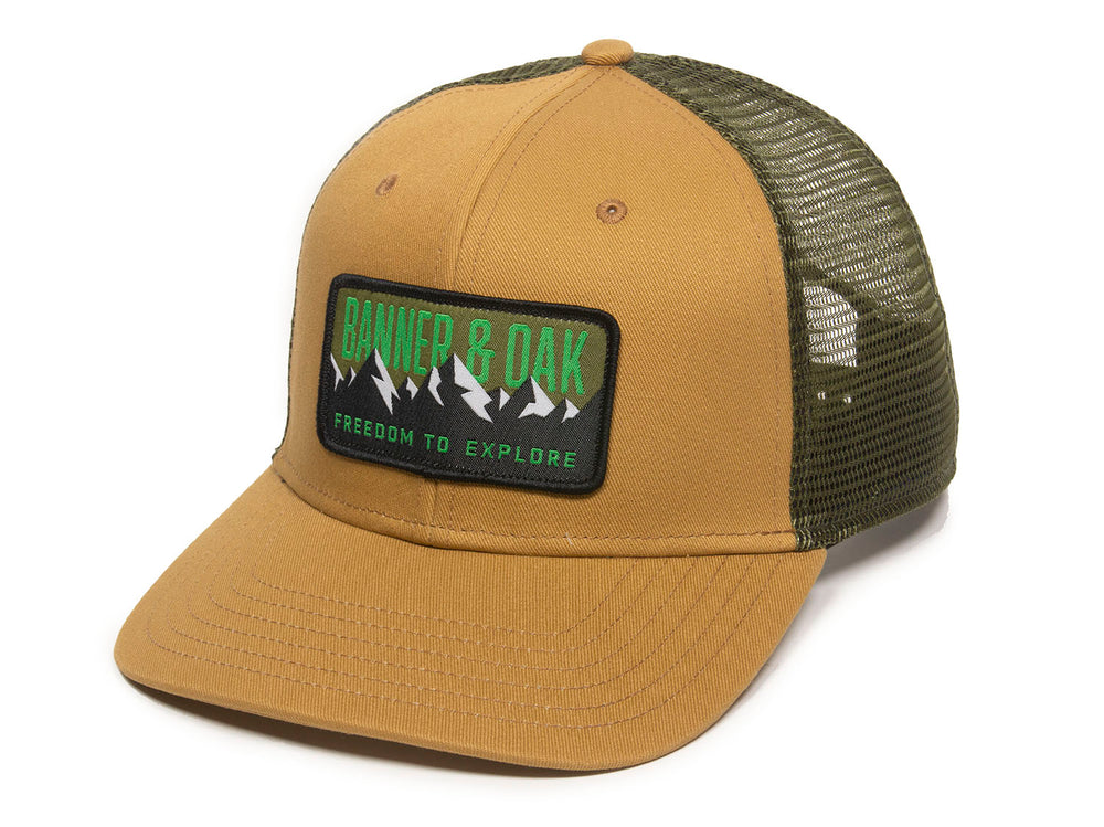 Bighorn Scout Patch Snapback Trucker Hat Khaki Front Right View