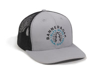Evergreen Embroidered Snapback Trucker Hat Gray Front Left View