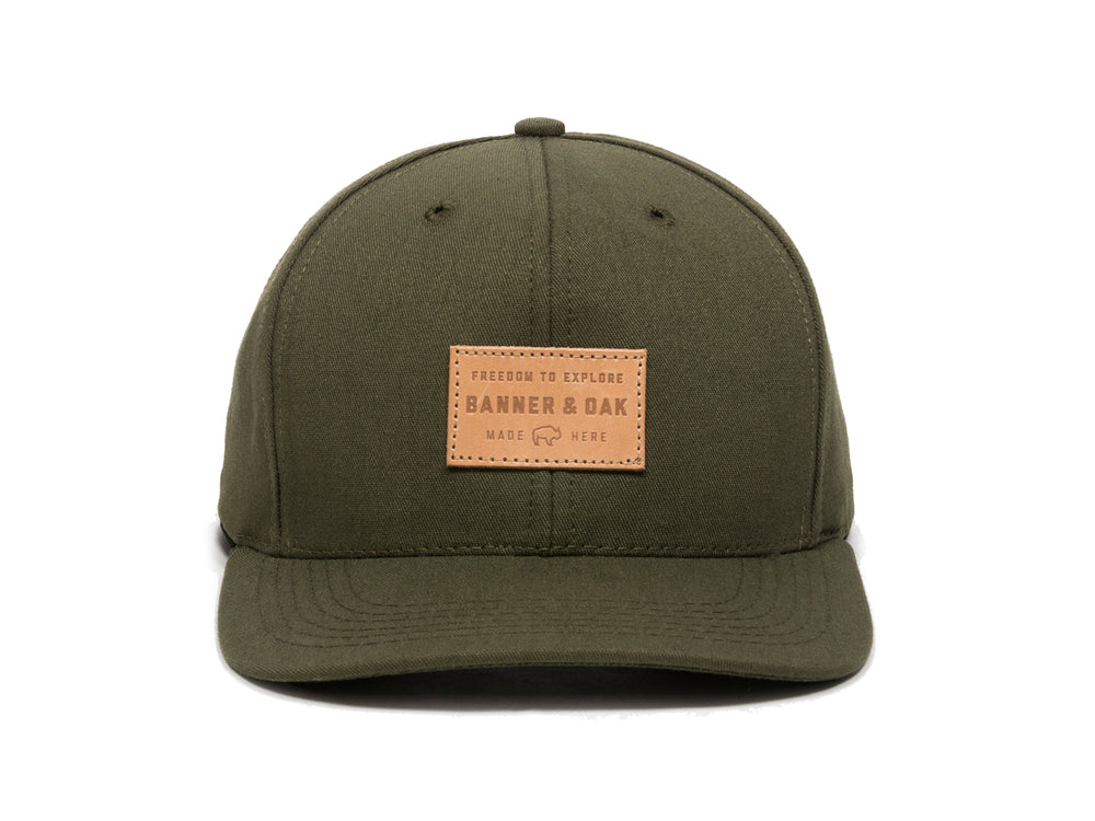 Pike Leather Patch Snapback Cap Olive Green Front View